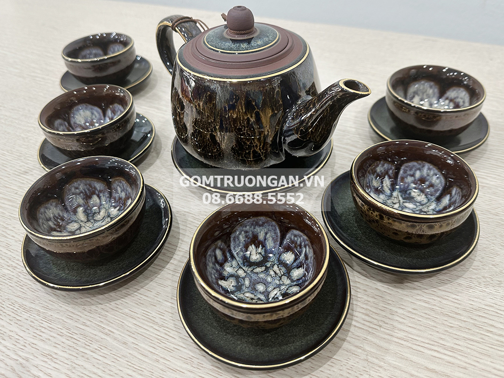 Bộ ấm trà tử sa hỏa biến Bát Tràng cao cấp mã não vẽ vàng 3